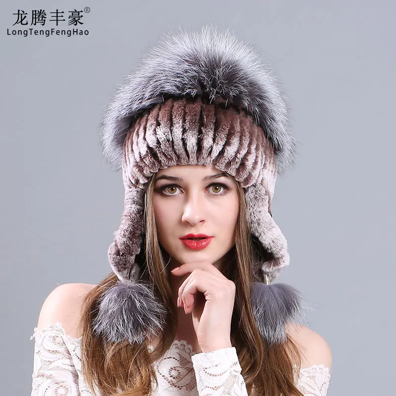 

Russian caps Rabbit Rex Fur Cap Knitted Hats For Winter Women Beanies fox hair pom Russian Hats Knitting fur beanies female caps