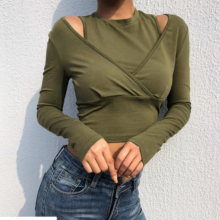 Fake Two Pieces Off Shoulder Cotton Crop T Shirt Women Streetwear Long