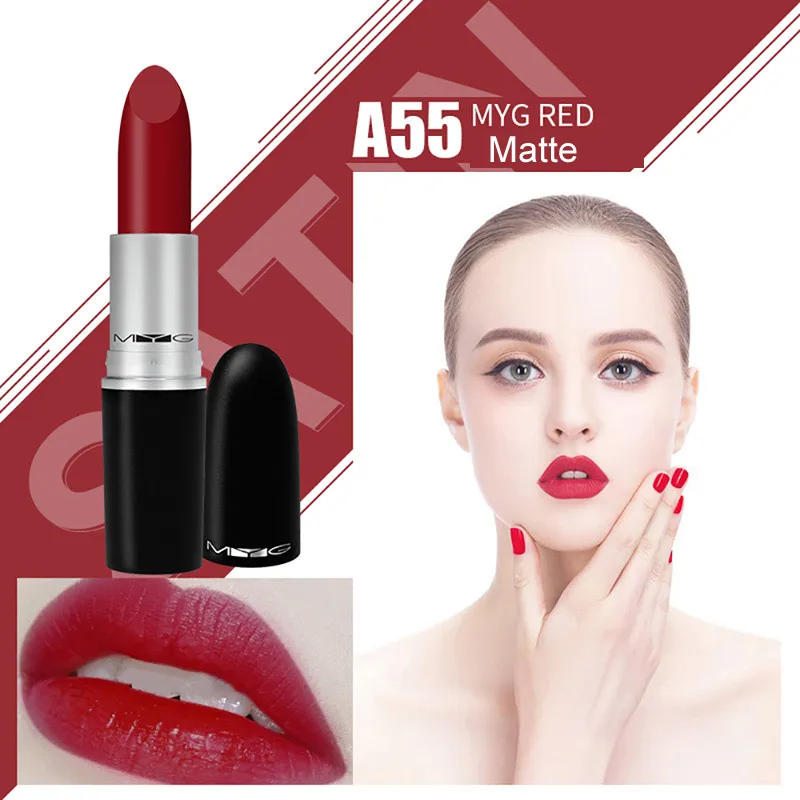 A55 MYG RED Высококачественная матовая губная помада MYG, профессиональная губная помада для макияжа, стойкая водостойкая губная помада, Красная губная помада телесного цвета Chili Diva - Цвет: A55 MYG RED