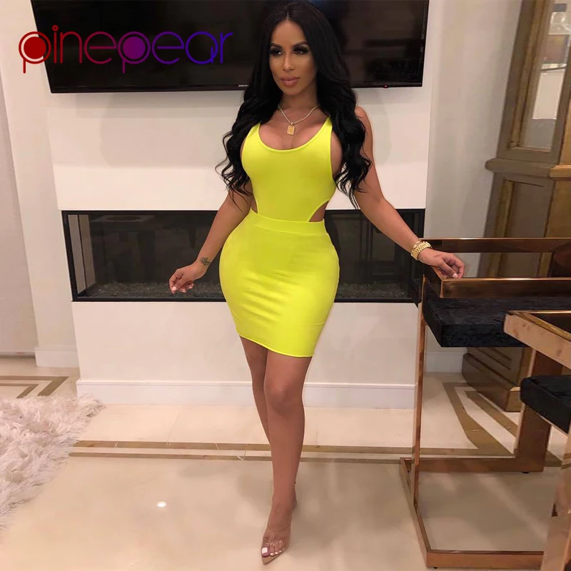 

PinePear Fashion High Cut Bodysuit Open Back & Sides Hollow Out Mini Dress Sexy Club Wear Women 2 Piece Set 2019 Dropshipping