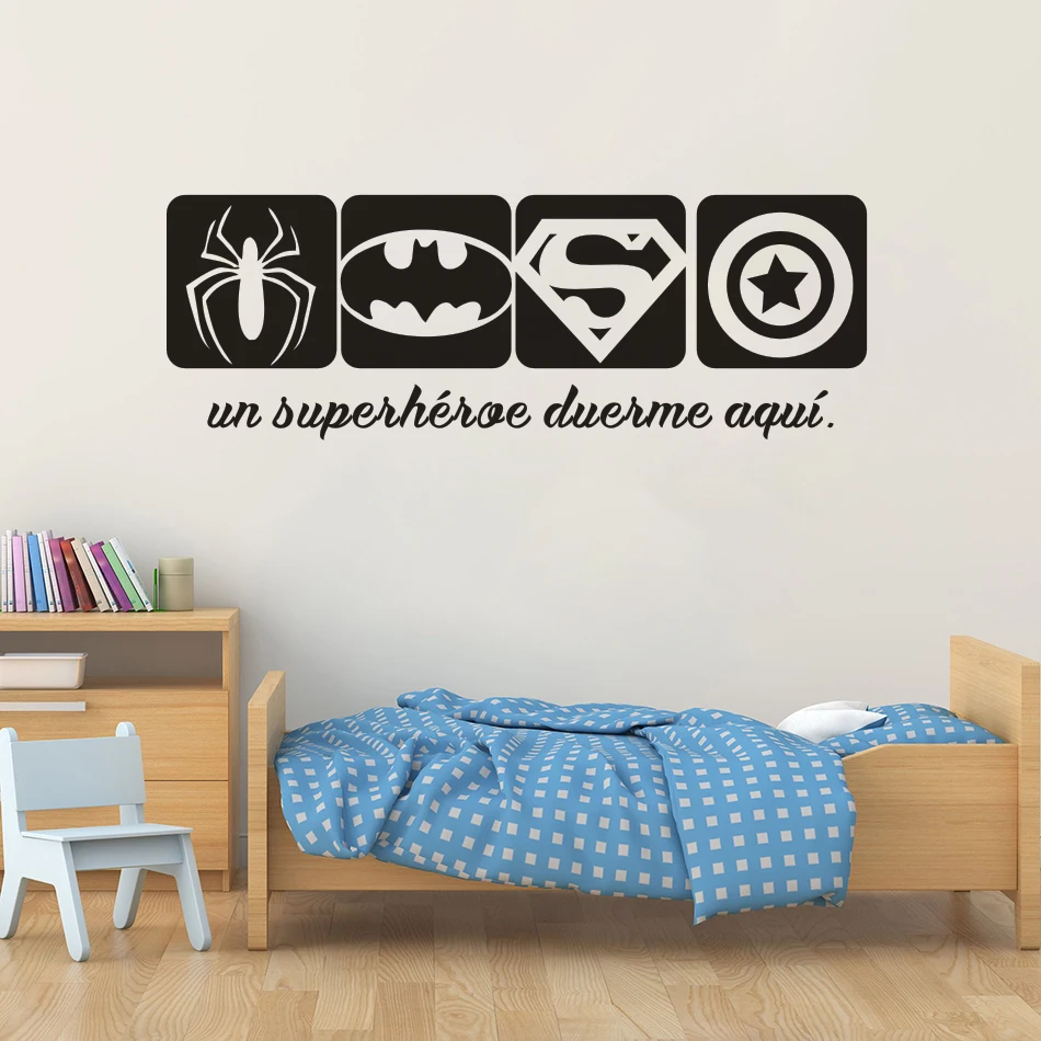 

Spanish Version Batman Spiderman Wall Sticker Captain America Symbol Vinyl Decals Sleeps Here Wall Mural Kids Room Decor AZ837