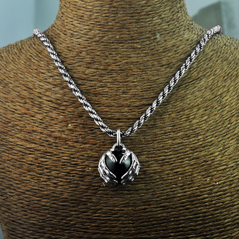 FNJ 925 Серебряный кулон, двойная рука, черный шар, тон, чистый S925, оригинальные тайские серебряные подвески для женщин и мужчин, изготовление ювелирных изделий