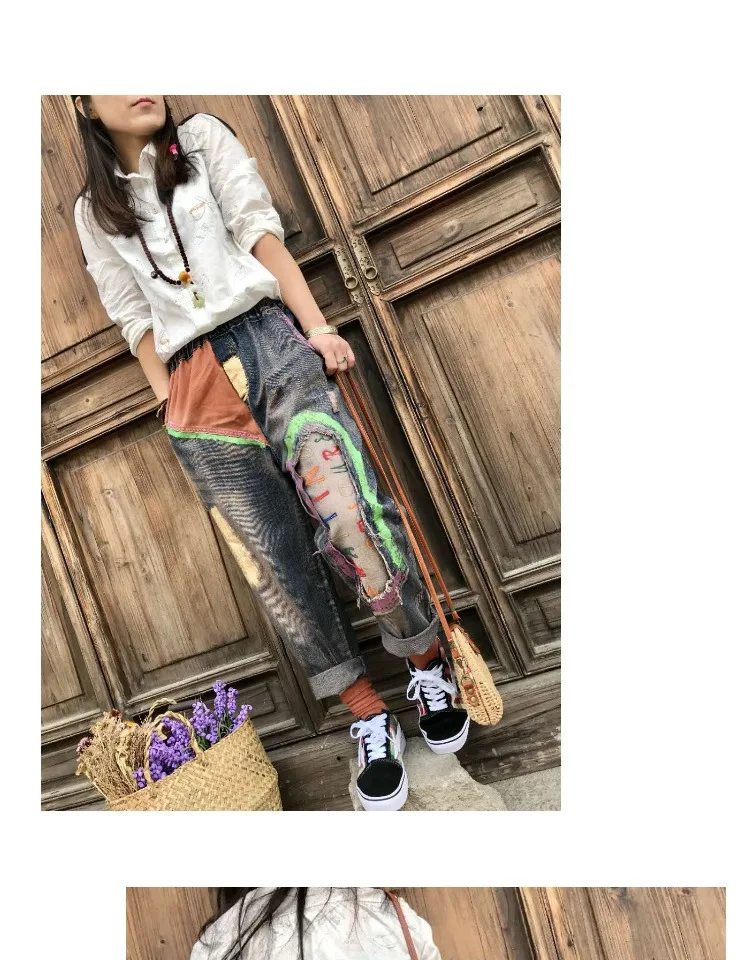 Высокая Талия Рваные джинсы женский по щиколотку шаровары инди-фолк-регулярные умягчитель Винтаж тертые беленые упругой лоскутное
