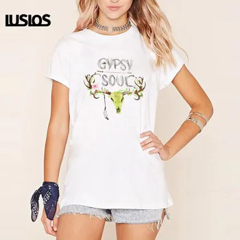 

LUSLOS GYPSY SOUL Deer Head Print Women Summer T Shirt Homme Short Sleeve Plus Size Female Super Soft Casual White Tshirt