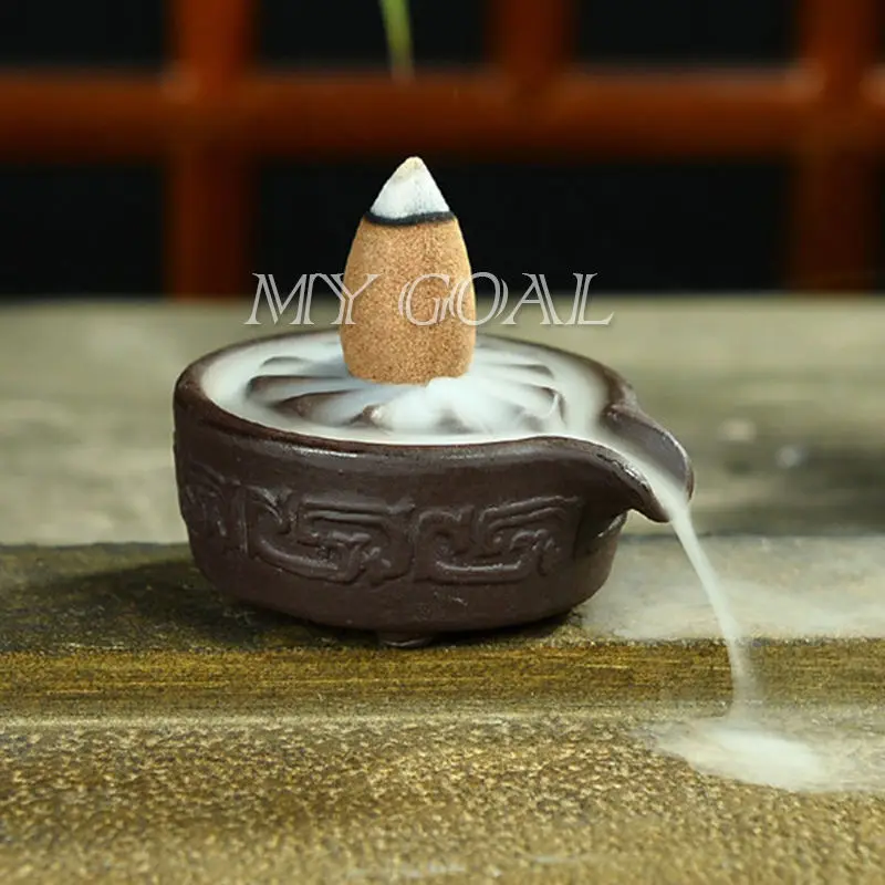 Handmade Carved Cone Ceramic Incense Burner Clay Holder Smoke Backflow