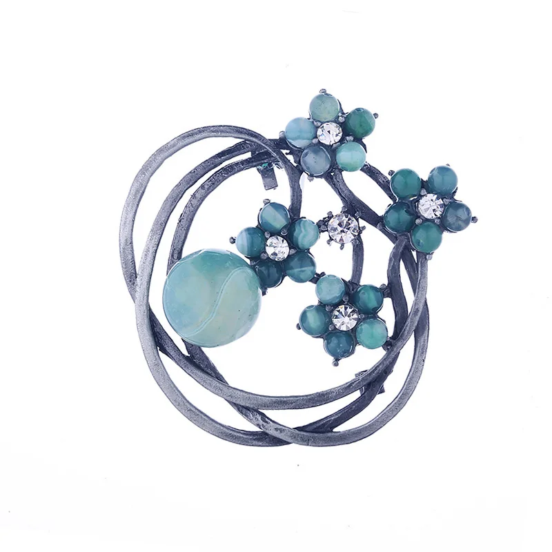 TDQUEEN Vintage Brooch Pins Antique Silver Plated Metal Green Natural Stone Beads Flower Big Round Pins and Brooches for Women (6)