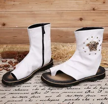 CH.KWOK Japanese style cool men’s fashion sandals white/black rome style open toe zipper sandal boots metal decoration men shoes