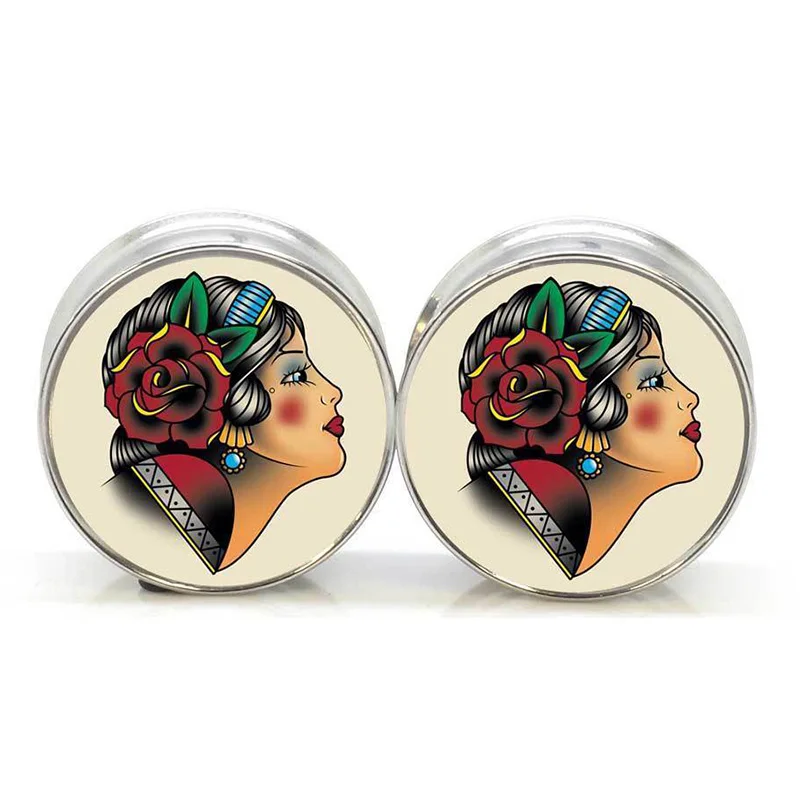 1 pair plugs stainless steel gypsy lady double flare ear plug gauges
