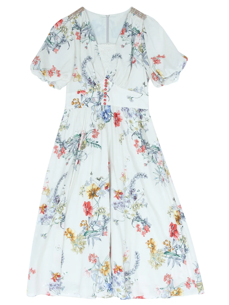 LYNETTE'S CHINOISERIE Summer Original Design Women Mori Girls Rustic Floral Print Slim French Vintage Breathable Cotton Dresses