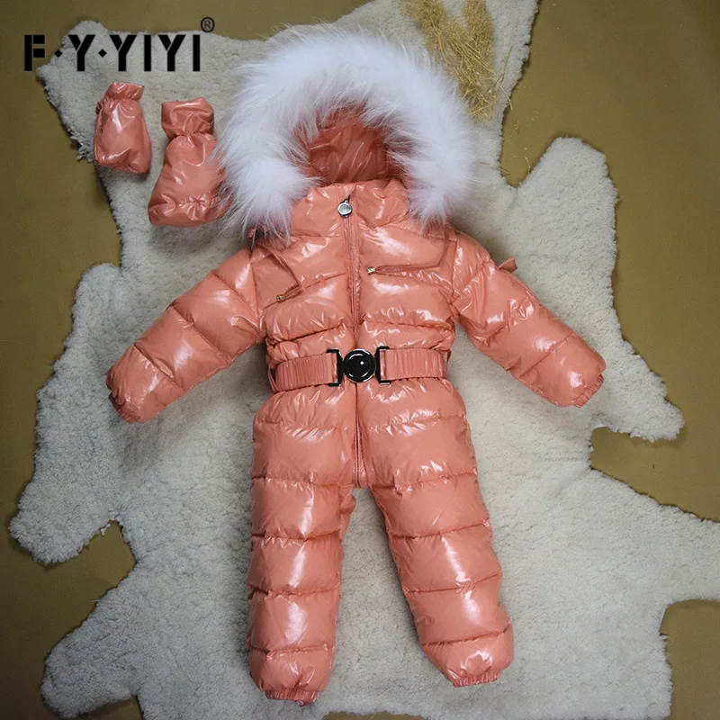 Детский комбинезон с воротником из меха енота, теплая зимняя одежда Зимняя верхняя одежда для маленьких девочек и мальчиков, От 0 до 5 лет Детские зимние комбинезоны - Цвет: deep Pink