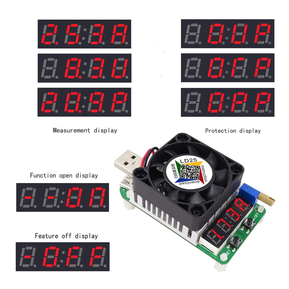 LD25 электронный нагрузочный резистор USB интерфейс разрядка батареи тест светодиодный дисплей вентилятор регулируемый ток напряжение 25 Вт разрядка инструмент