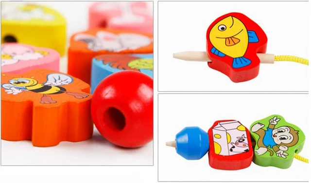 26pcs Wooden Toys Baby DIY Toy Cartoon Fruit Animal Stringing Threading Wooden beads Toy Monterssori Educational for Kids GYH 2