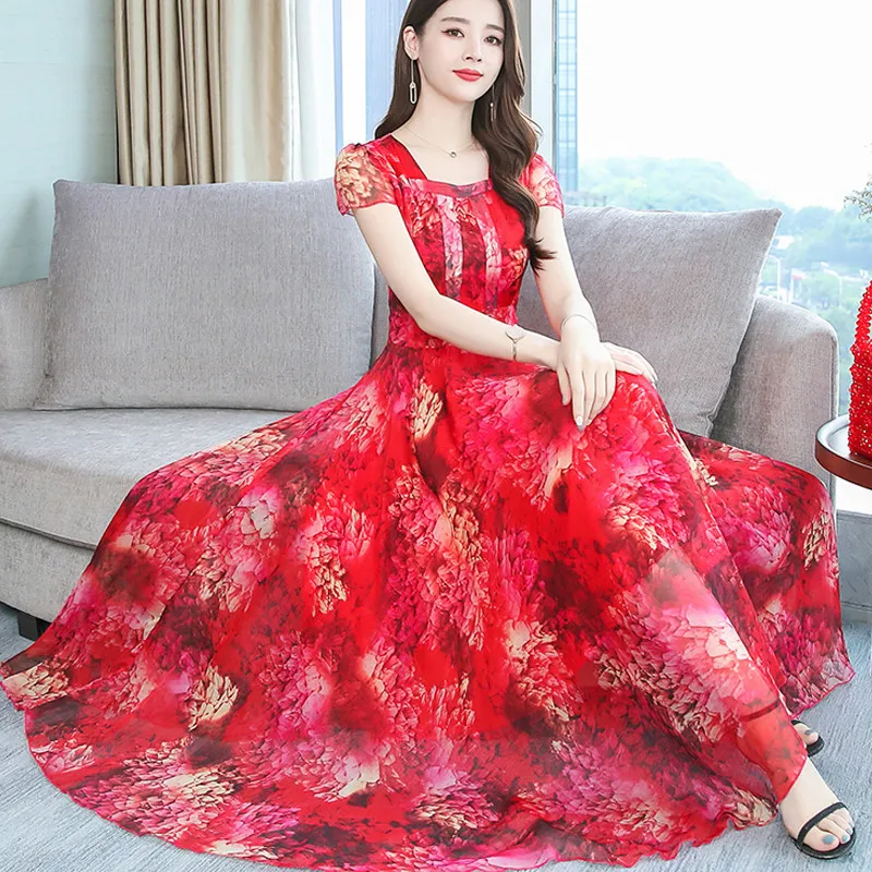 

Summer Dress 2019 Women Square Collar Short Sleeve Beach Floral Print Dress Casual Ladies Chiffon Party Dresses Plus Size