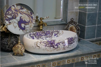 

Free shipping bathroom Oval sinks Ceramic counter top basins hand painting art vessel XRSTP141