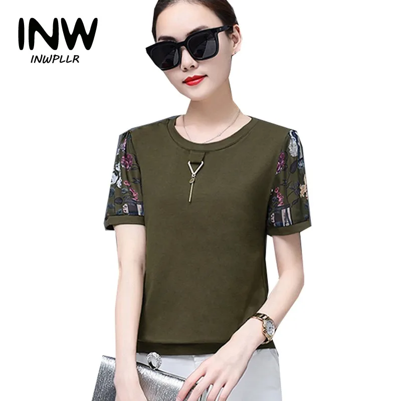 2018 новый летний Для женщин блузка печати лоскутное короткий рукав S Топы