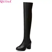 QUTAA 2020 Women Motorcycle Boots Fashion Winter Women Over The Knee High Boots Pu Leather Slip on Women Boots Big Size 34-43