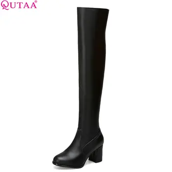 

QUTAA 2020 Women Motorcycle Boots Fashion Winter Women Over The Knee High Boots Pu Leather Slip on Women Boots Big Size 34-43