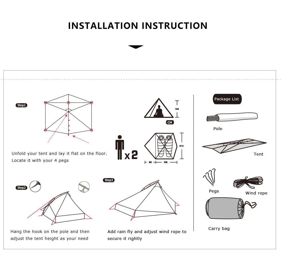 20D One Layer Two Person Ultralight Silicone Coated Backpacking Tent