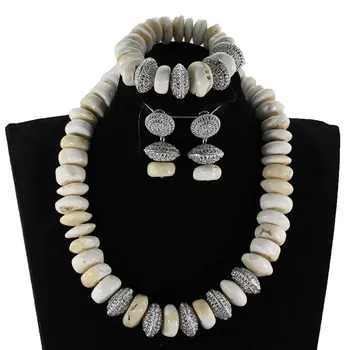 

Exclusive White African Beaded Costume Jewelry Set Flat Real Coral Nigerian Wedding Party Jewellery Set for Women NCL740