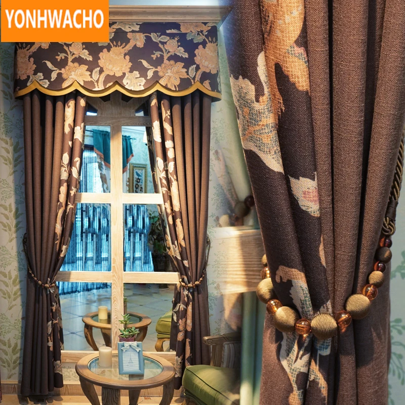 

Custom curtains American livingroom thick cotton linen garden modern stitching cloth blackout curtain tulle valance drape B028