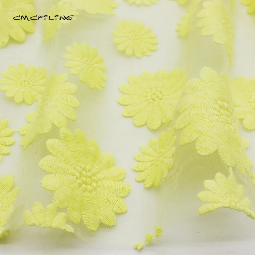 CMCYILING Yellow Embroidery Organza Fabric Tulle Embroidered Floral