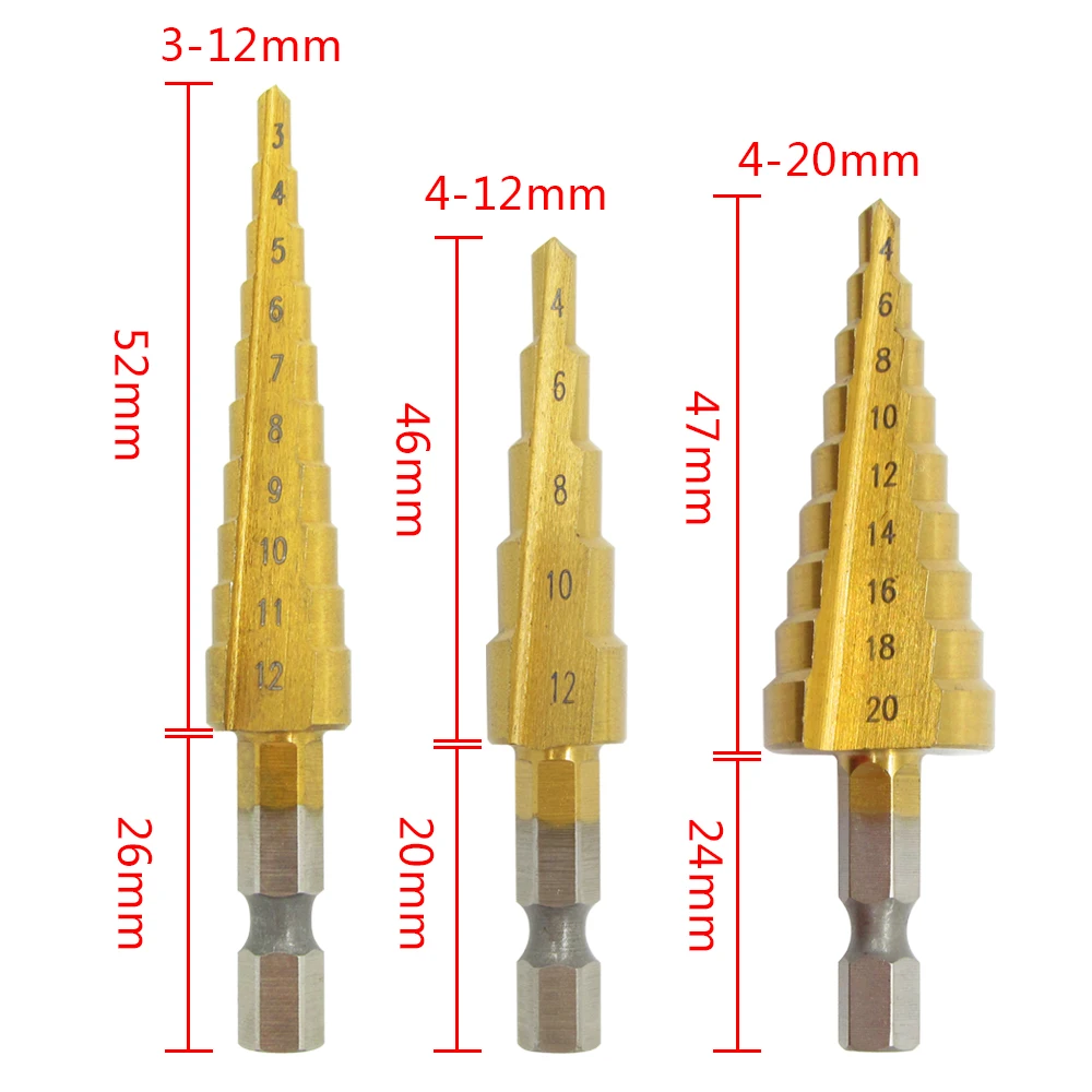 HSS Steel Titanium Step Drill Bit Set 3-12mm 4-12mm 4-20mm Step Cone Cutt Tools Metal Drilling Power Tool for Woodworking Wood HSS Steel Titanium Step Drill Bit Set 3-12mm 4-12mm 4-20mm Step Cone Cutt Tools Metal Drilling Power Tool for Woodworking Wood
