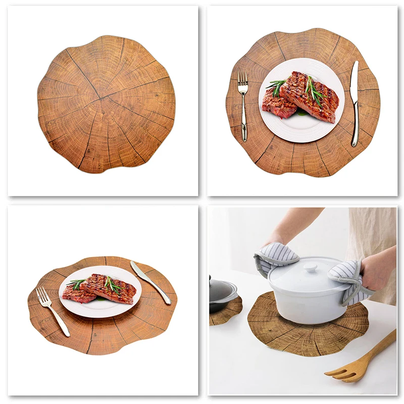 Wood Grain Placemat PVC Tea Cup Mat Dining Table Mat Plate Mat Coffee Coasters Bowl Disc Hot Mat Pads 1pc