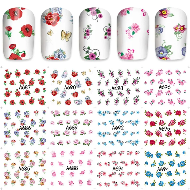 2018 Мода 12 листов воды переводные наклейки для ногтей наклейки s красота цветок дизайн ногтей наклейки украшения DIY A685-696