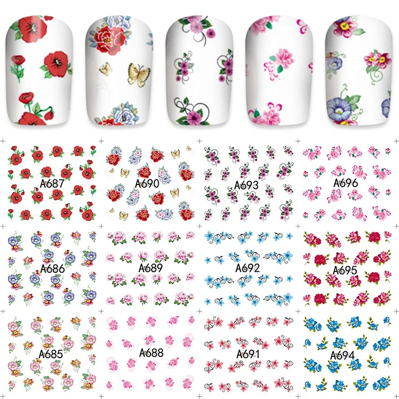 2018 Fashion 12 sheets Water Transfer Nail Art Decals Stickers beauty flower design nail Sticker Decorations DIY A685-696 | Красота и