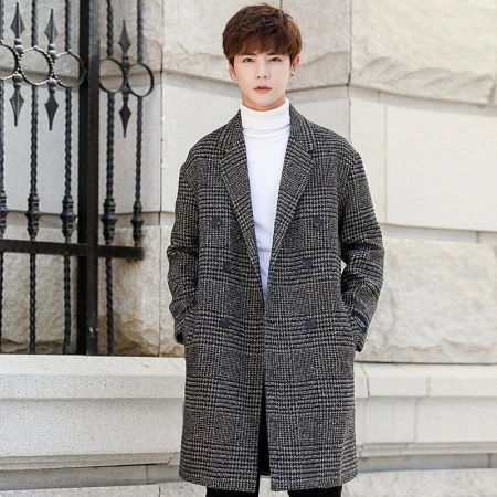 Зимняя длинная Мужская куртка, корейский стиль, свободный крой, двубортный Тренч, пальто для подростков, отложной воротник, карман, теплое пальто для мужчин - Цвет: as pic