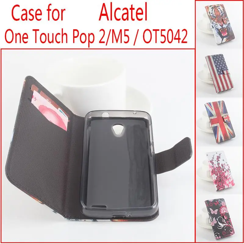 

Brand Mobile Phone Cases Genuine Leather Case Alcatel One Touch Pop 2 M5 OT5042 Wallet Stand With Card Slot Cover