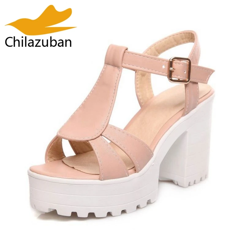 Chilazuban Size 34 46 Sexy Office Lady Platform High Heel Sandals T Strap Peep Toe Thick Heel 