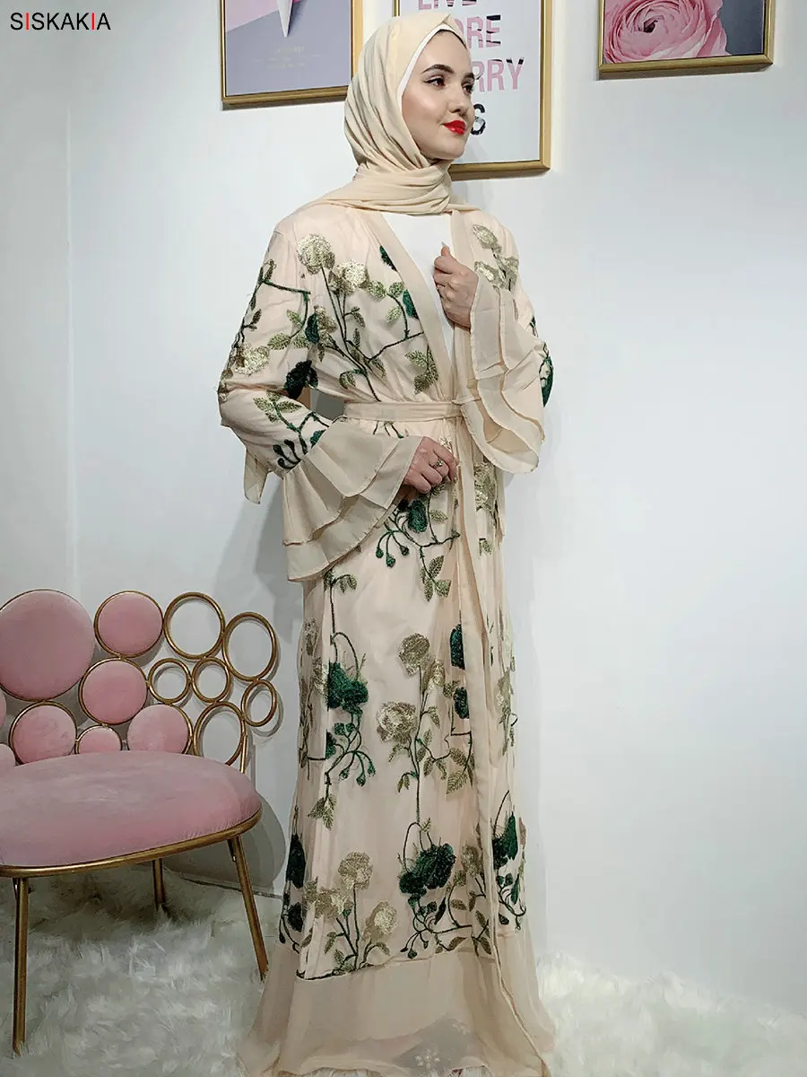 Siskakia роскошное кружевное платье абайя с вышивкой, модное платье с расклешенными рукавами, Дубай, кардиган, халаты, лето, Исламская одежда