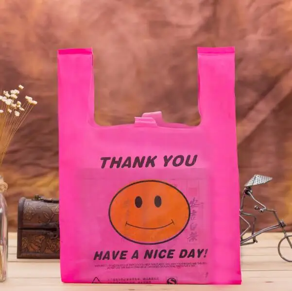 50 шт./лот маленький розовый спасибо пластиковые подарочные пакеты с ручкой, красочные полиэтиленовые пакеты улыбка супермаркет пластиковый мешок жилет - Цвет: Розовый