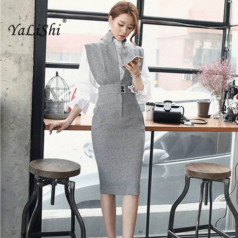 

2 Piece Set 2017 Women Dress Midi Bandage Office Sexy Bodycon Dress Vintage Vestidos DeFesta Gray Black Dresses Plus Size Femme