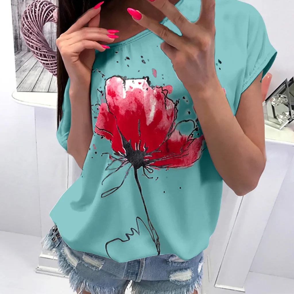 

Summer Fashion Floral Print Blouse Casual Ladies O-Neck Loose Daily Tee Tops Female Women's Short Sleeve Shirt Blusas Pullover