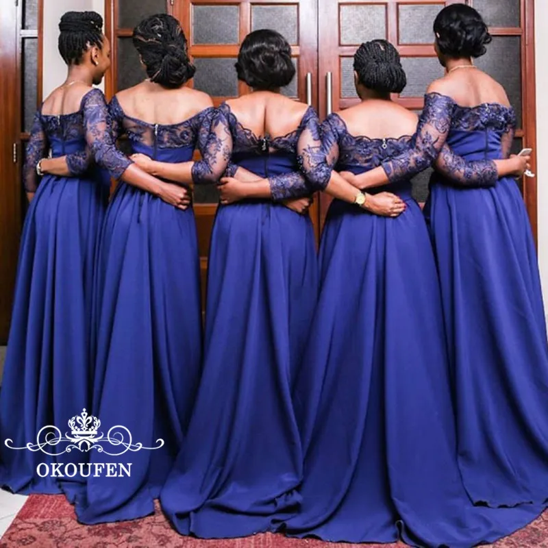 2018 Mermaid Bruidsmeisje Jurken 3/4 Lange Mouwen Royal Blue Sheer Lace Top Satin Rok Off Shoulder Afrikaanse Vrouwen Party Dress 2018 Mermaid Bruidsmeisje Jurken 3/4 Lange Mouwen Royal Blue Sheer Lace Top Satin Rok Off Shoulder Afrikaanse Vrouwen Party Dress