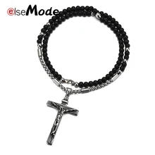ELSEMODE Винтаж INRI Крест Иисуса Христа кулон ожерелье s Нержавеющая сталь ожерелье из черных бусин христианские католические украшения