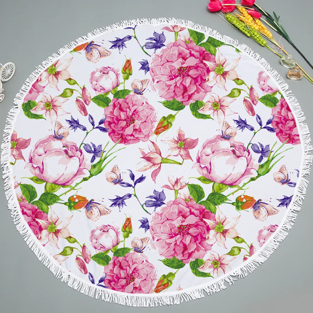 Women Rose Printed Round Beach Towels Summer Large Microfiber Fabric