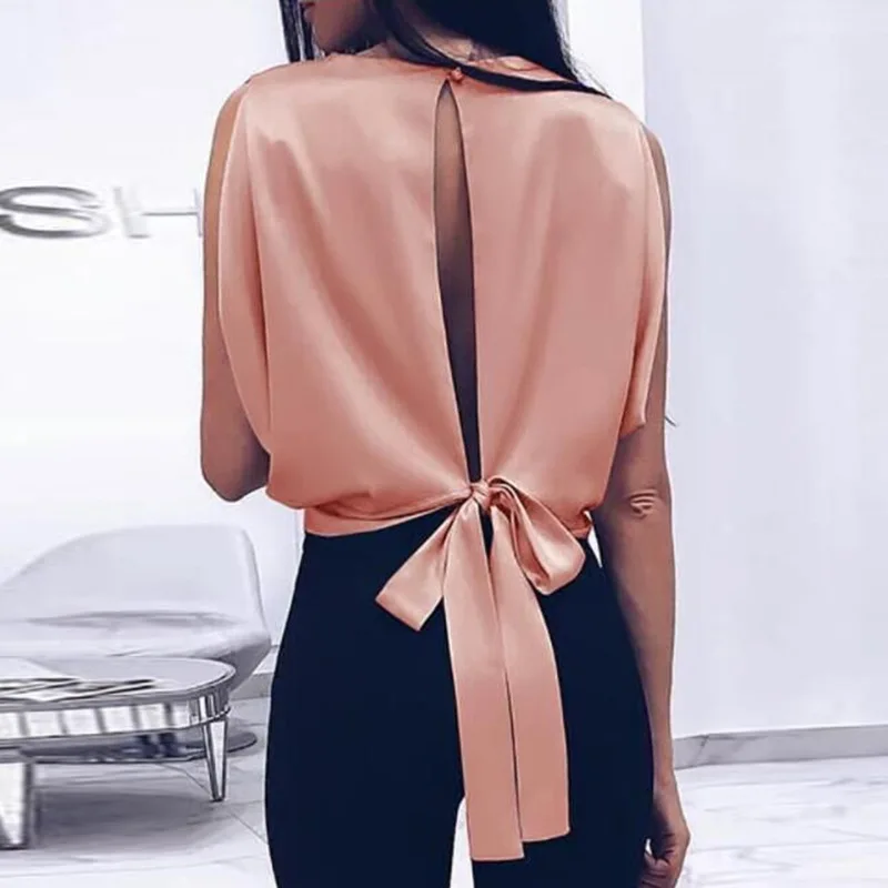 

Bow Lace Up Solid Color O Neck Sweet Loose Tops Summer Women Sexy Sleeveless Backless T-Shirt Short T-shirt