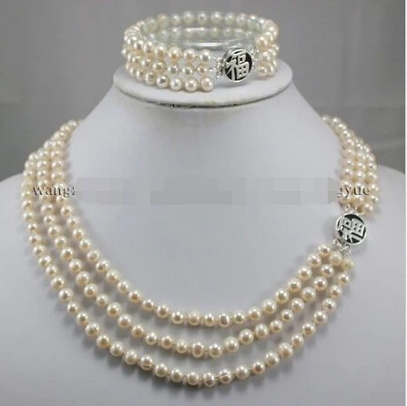 

shipping 3Rows 7-8mm White Akoya Cultured Pearl Silver Clasp Necklace Bracelet set (A0513)