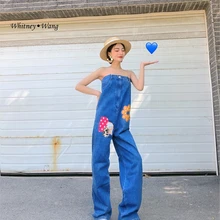 WHITNEY WANG Summer Fashion Streetwear Embroidery Patchwork Strapless Overall Jeans Women Stylish Denim Pants