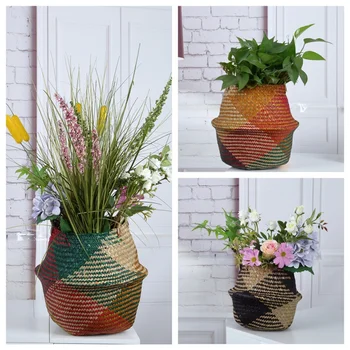 

Foldable color Wicker Rattan storage baskets Garden Flower Pot Grass Woven Environmental home storage Laundry Basket Storage