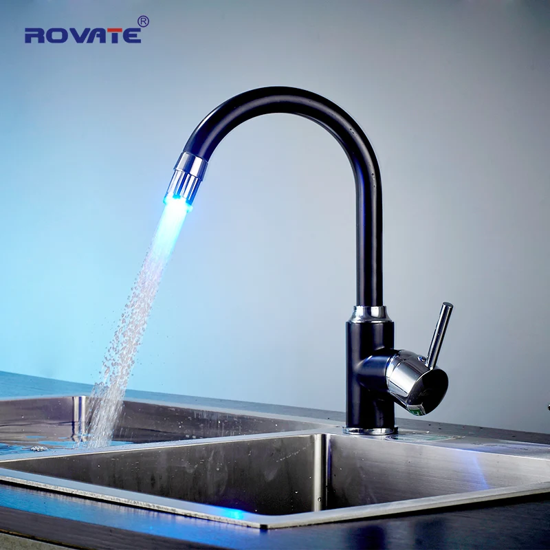 

ROVATE LED Kitchen Faucet 3 Colors Light Black Swivel Deck Mounted Single Hole Bathroom Faucets Mixer Tap