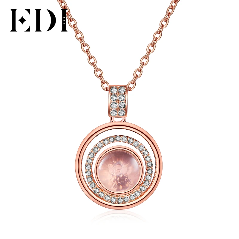 

EDI Romantic Halo 1.5ct Natural Gemstone Pink Rose Quartz Pendant For Women 925 Sterling Silver Chain Necklace Fine Jewelry
