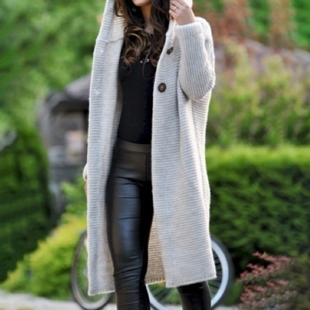 LASPERAL 2019 Autumn Button Women Cardigan Coat Solid Hooded Knitting Female Outwear Long Sleeve Knit Sweater Mujer Blends Coat