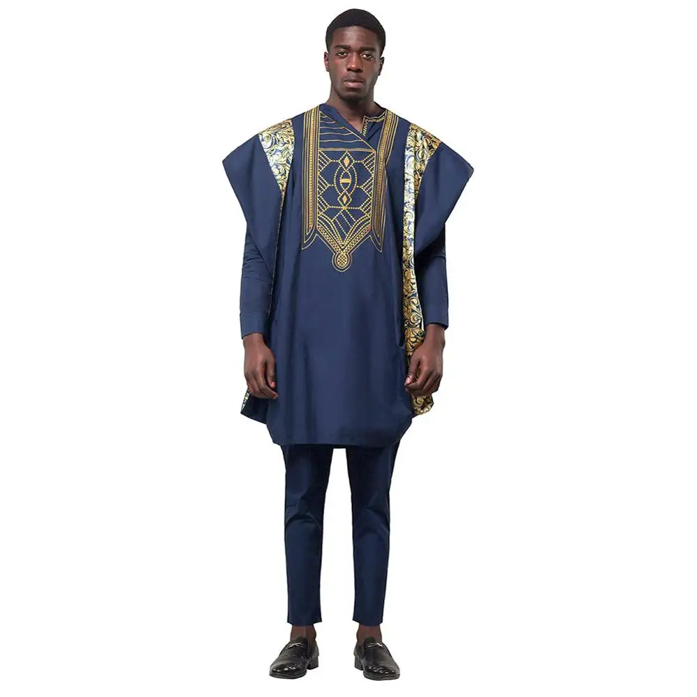 Opslea Agbada Африканский для мужчин печатных размера плюс рубашка Дашики Базен Riche костюмы Топы Брюки 3 шт. наборы Slim Fit формальный наряд Одежда - Цвет: Blue