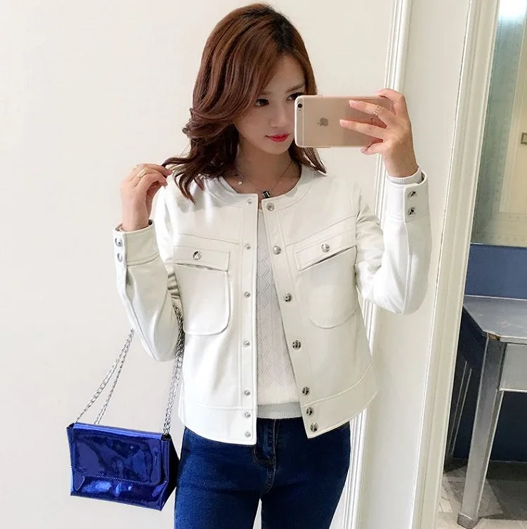 2017 white plus size 3XL 5XL spring leather jacket women buttons
