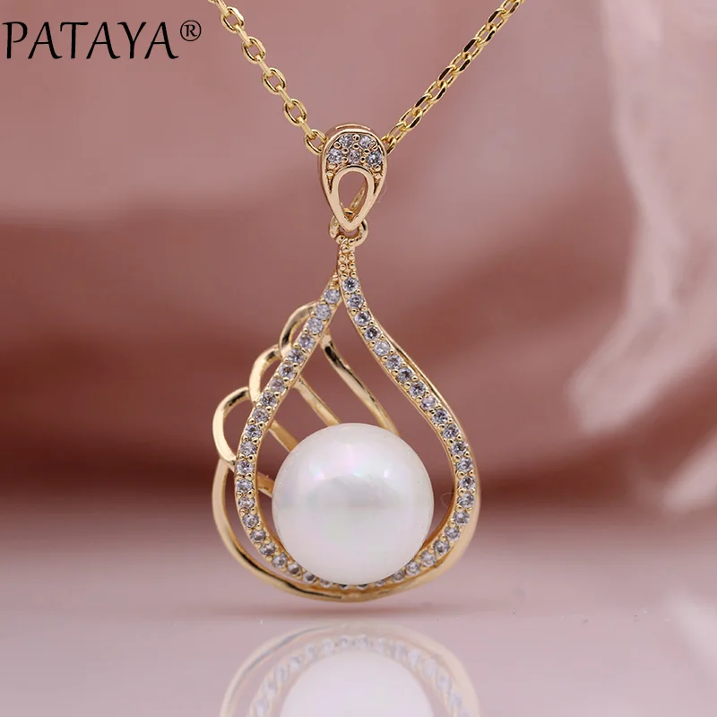 

PATAYA New Wave Women Long Necklaces 585 Rose Gold Fine Shell Pearls Pendants White Natural Zircon Wedding Party Fashion Jewelry