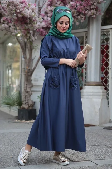 Abayas женская мусульманская одежда модные платья с поясом и бусинами Макси мусульманское платье Дубай Кафтан цзилбаб Дубай, Турция халат Рамадан D979 - Цвет: Navy Blue